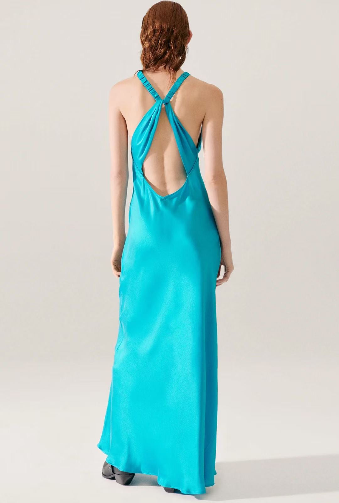 SL High Low Silk Maxi Dress halter open cross back