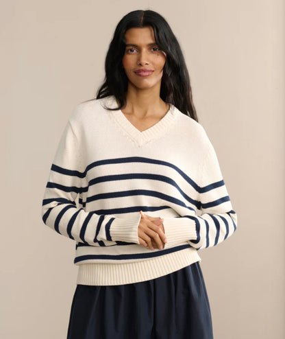 JK Cotton Kate V-Neck Pullover Sweater in Ivory/Navy Stripe