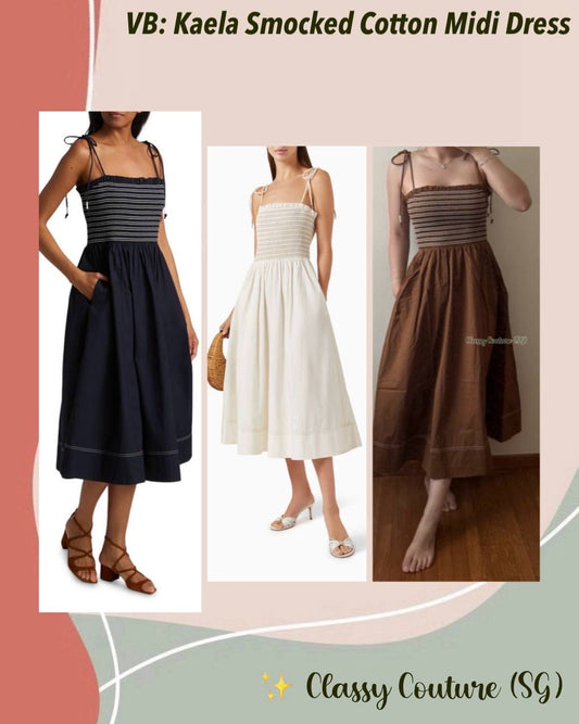 VB Kaela Smocked Cotton Tie Strap Midi Dress