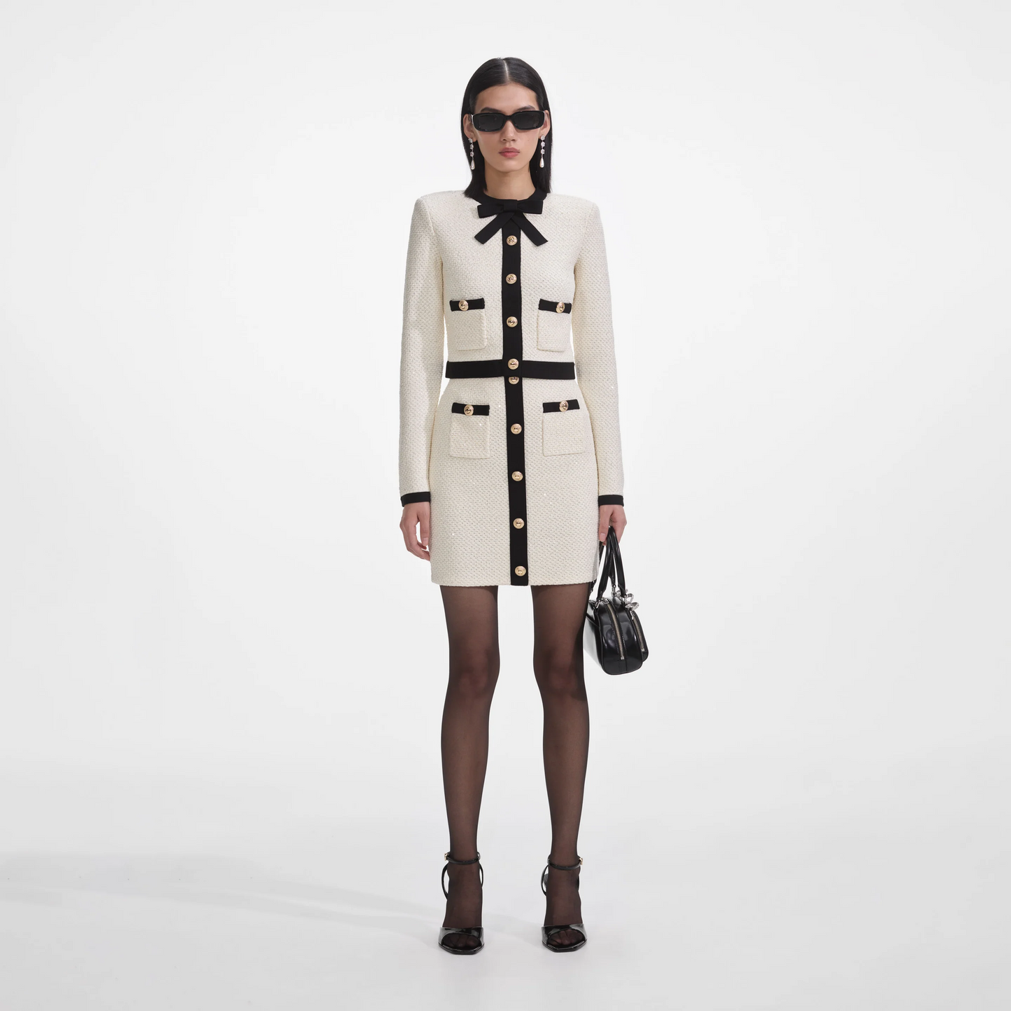 SP Cream Sequin Pussy Bow Cardigan | Knit Mini Skirt | Set
