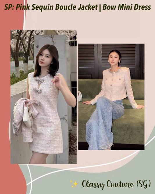SP Pink Sequin Boucle Jacket | Bow Sleeveless Shift Mini Dress | Set