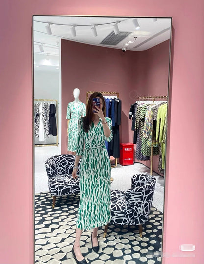 DVF Twig Green Silk Jersey Wrap Midi Dress