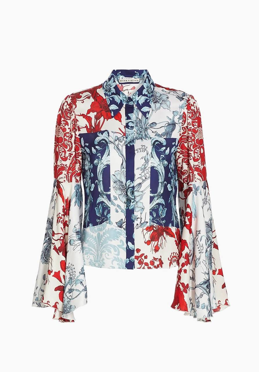AO Willa Fitted Placket Bell-Sleeve Stretch-Silk Top