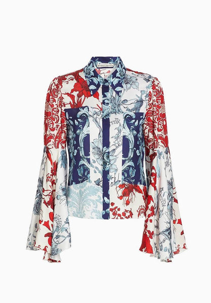 AO Willa Fitted Placket Bell-Sleeve Stretch-Silk Top
