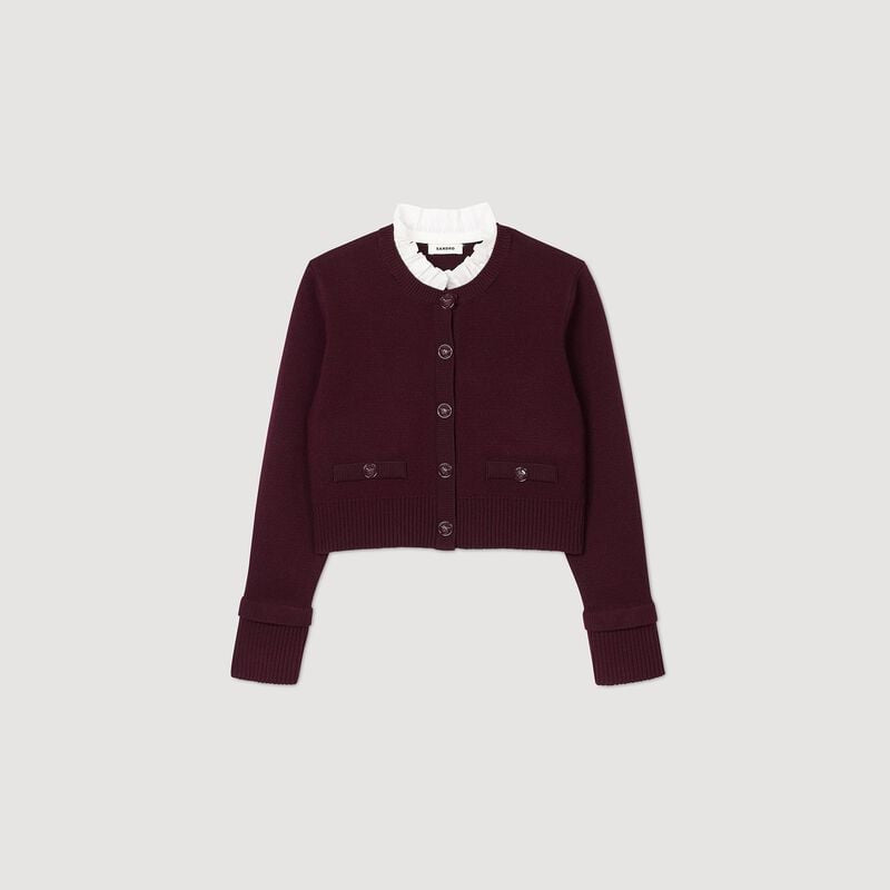 SD Knit Cardigan with Detachable Ruffled Collar in Burgundy Red Wool-Blend