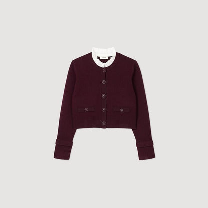 SD Knit Cardigan with Detachable Ruffled Collar in Burgundy Red Wool-Blend