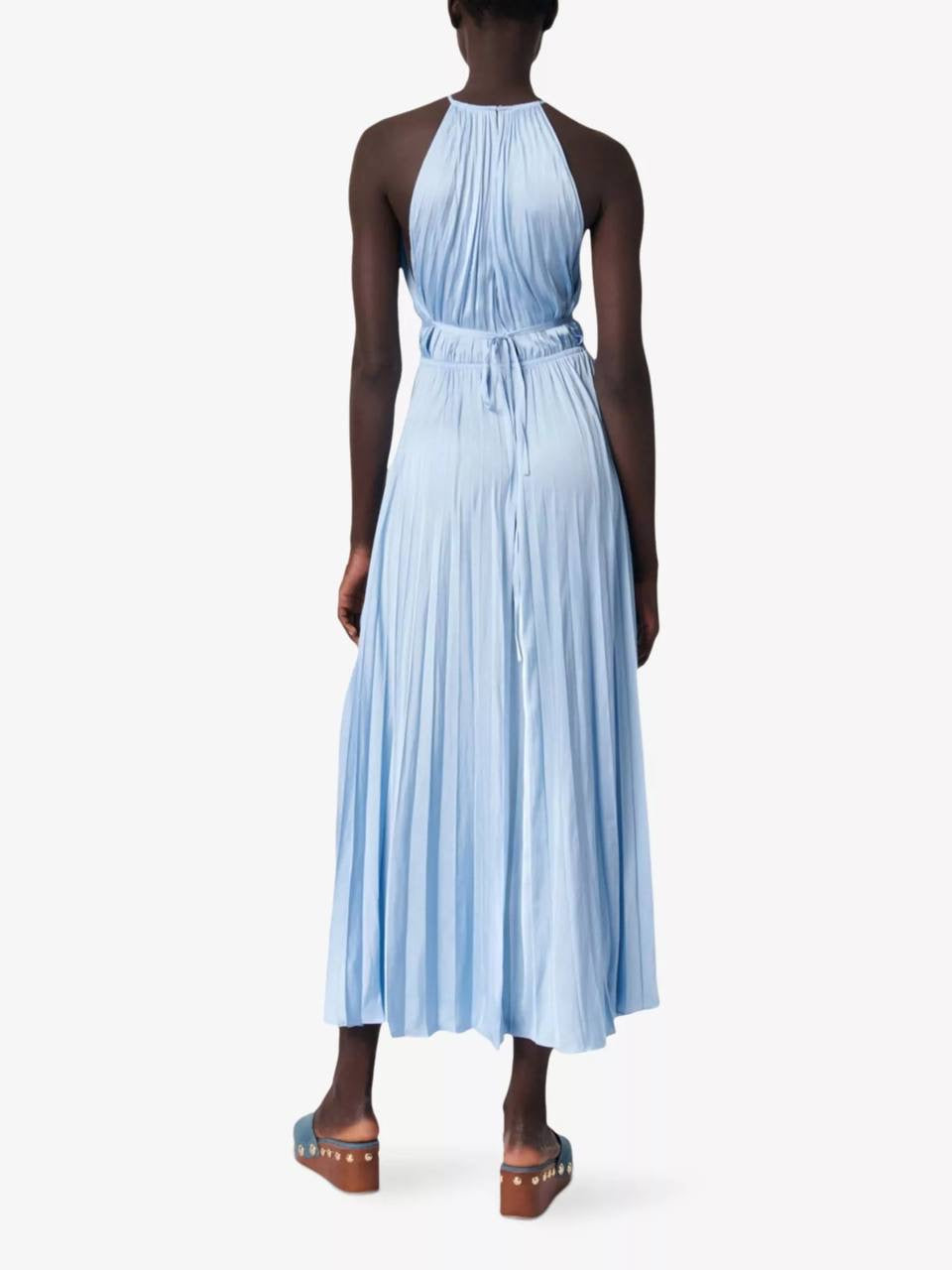 MJ Blue Sky Satin Pleated Plissé-Effect Halter Midi Maxi Dress