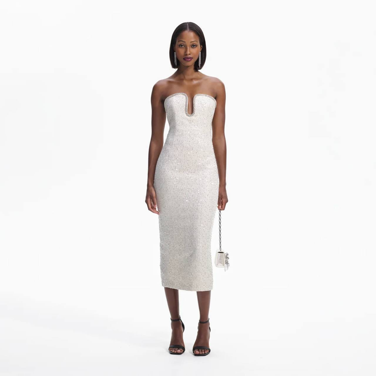 SP Cream Sequin Boucle Strapless Midi Dress