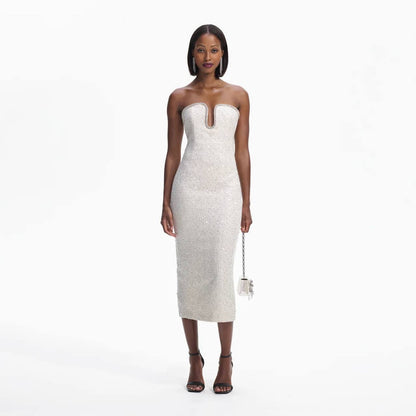 SP Cream Sequin Boucle Strapless Midi Dress