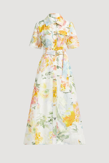 AJ Manon Linen-viscose Belted Midi Dress
