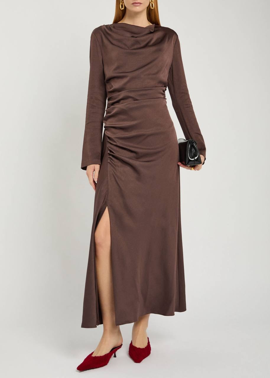 SK Odessa Ruched Long Sleeve Satin Midi Dress in Chocolate brown