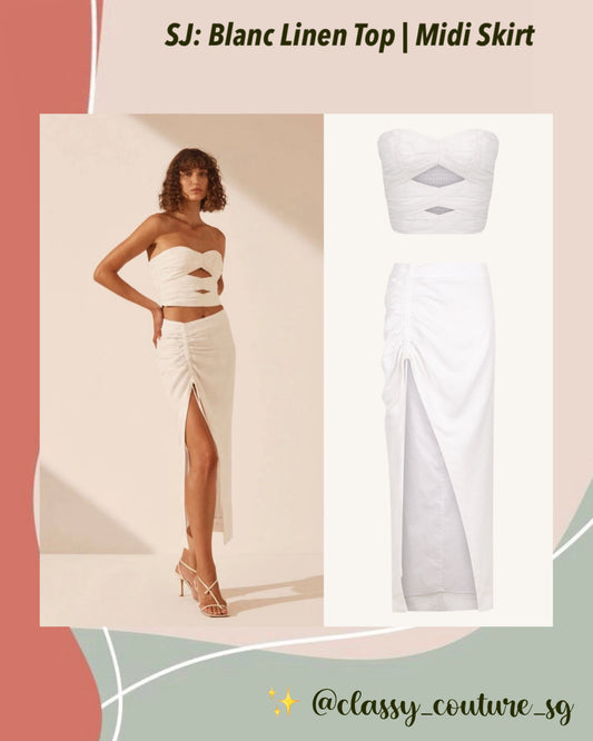 SJ Blanc Linen Strapless Cut Out Ruched Top | Drawstring Midi Skirt | Ivory Set