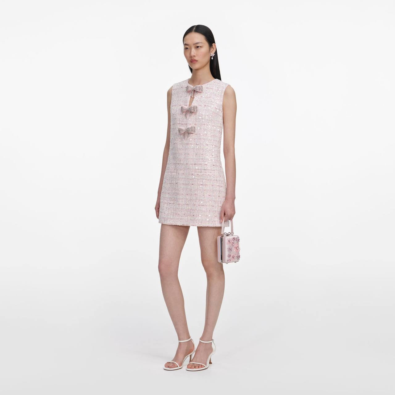 SP Pink Sequin Boucle Jacket | Bow Sleeveless Shift Mini Dress | Set