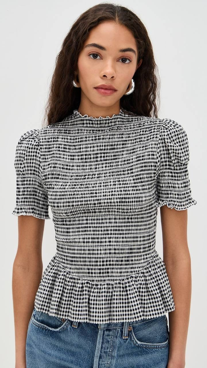 Ref Aggie Puff-Sleeve Smocked Peplum Top