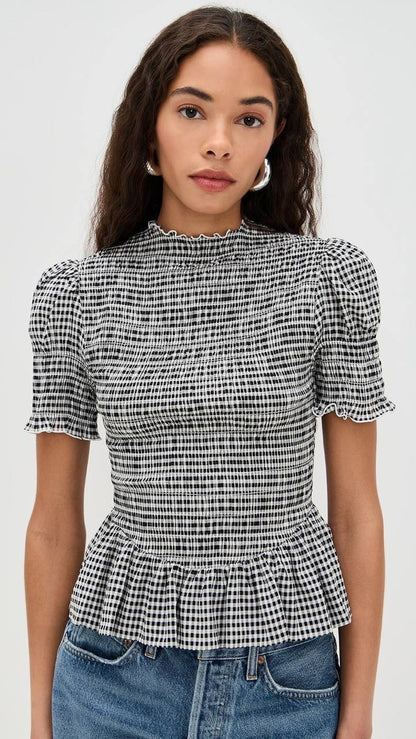 Ref Aggie Puff-Sleeve Smocked Peplum Top
