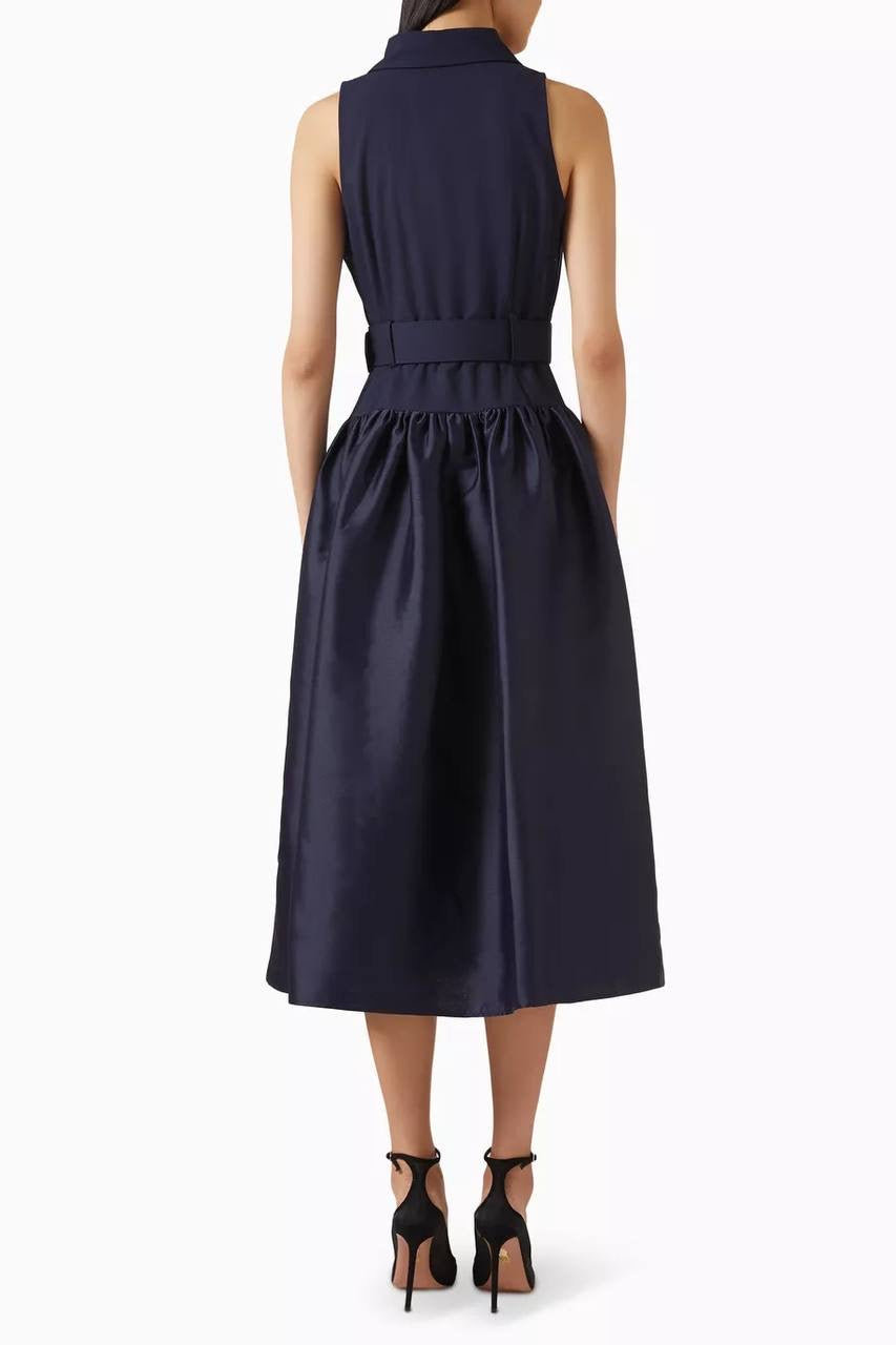 SP Navy Blue Belted Drop Waist Viscose-wool Twill Midi Dress