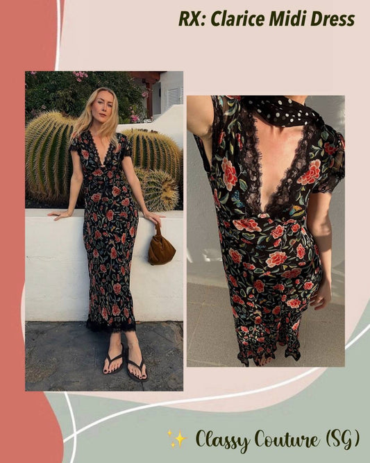 RX Clarice Lace-Trim Viscose Georgette Midi Dress in Black Multi Butterfly