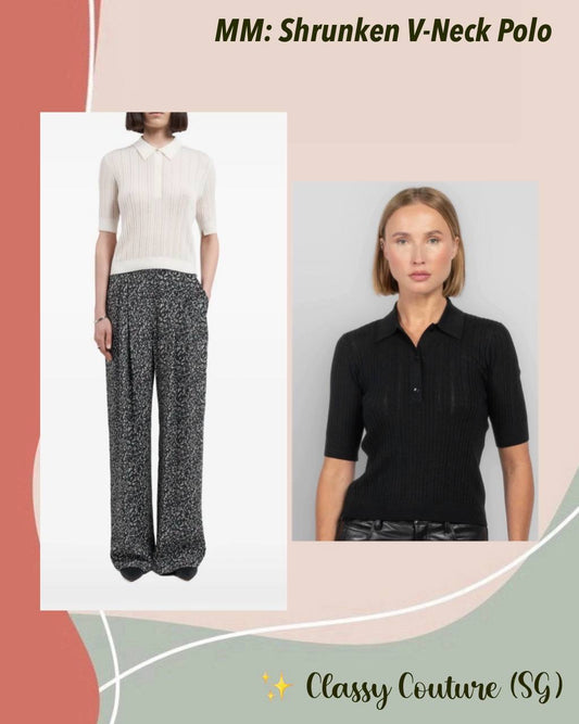 MM Pointelle Shrunken V-Neck Merino Wool Polo Shirt Top