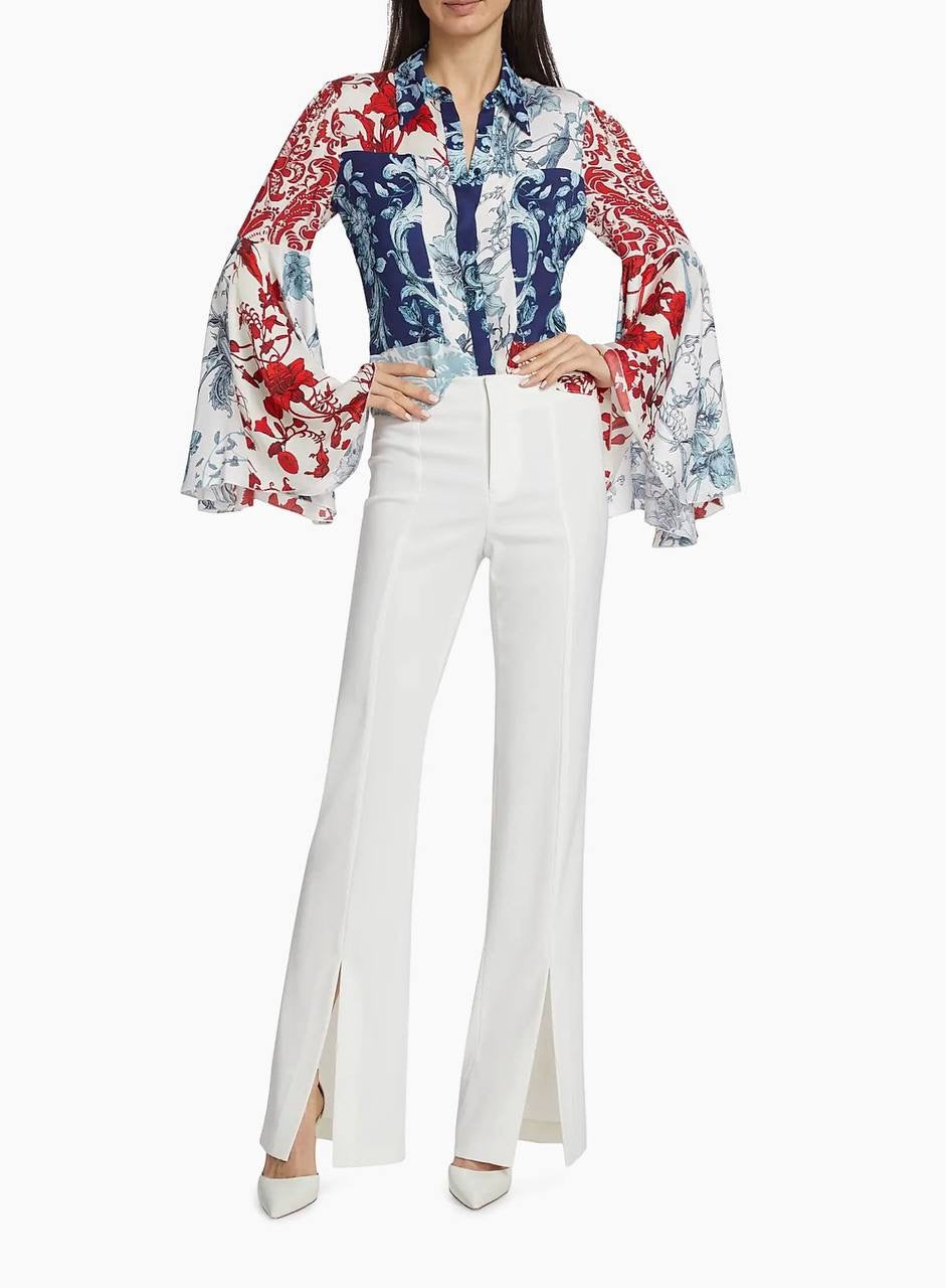 AO Willa Fitted Placket Bell-Sleeve Stretch-Silk Top