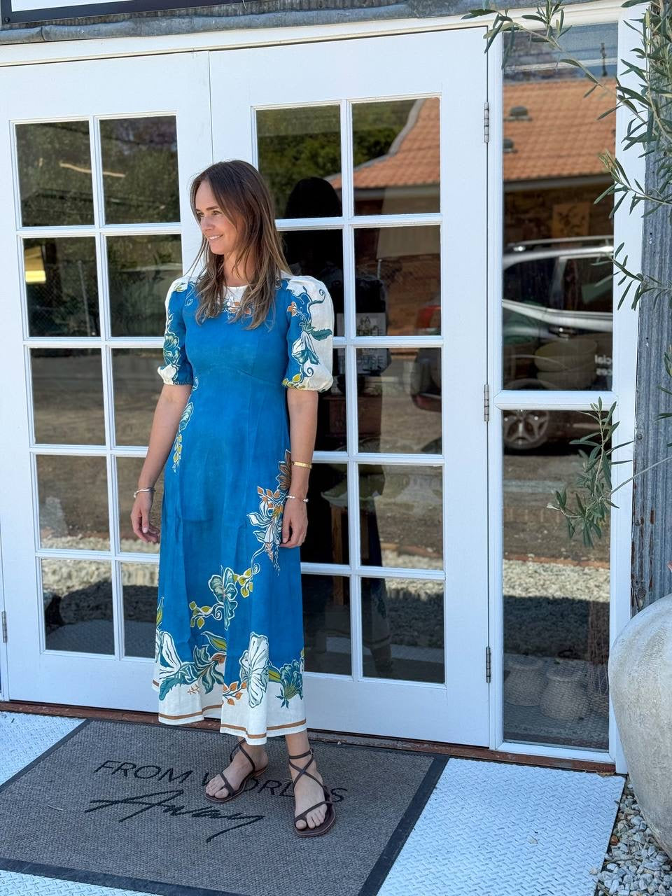 ALM Luda Floral Puff Sleeve Linen Midi Dress