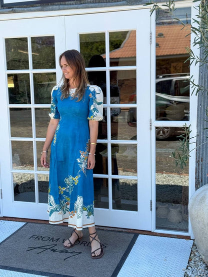 ALM Luda Floral Puff Sleeve Linen Midi Dress