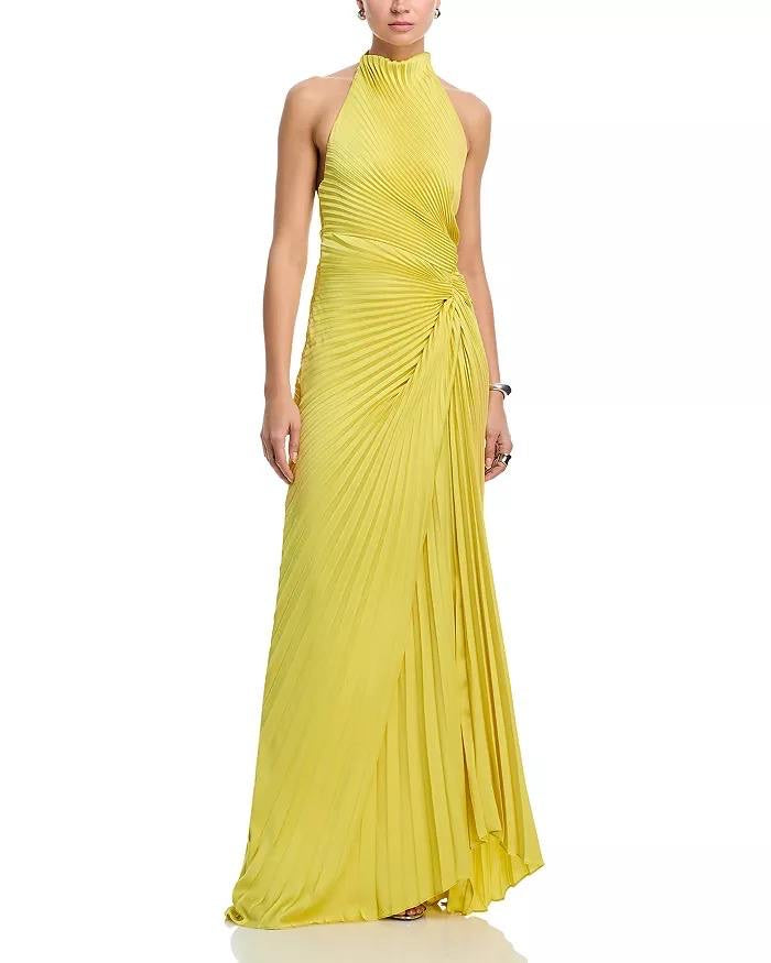 ALC Romy Halter Pleated Satin Gown Maxi Dress
