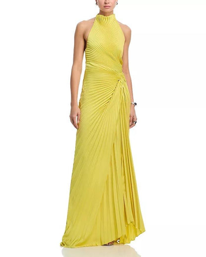ALC Romy Halter Pleated Satin Gown Maxi Dress