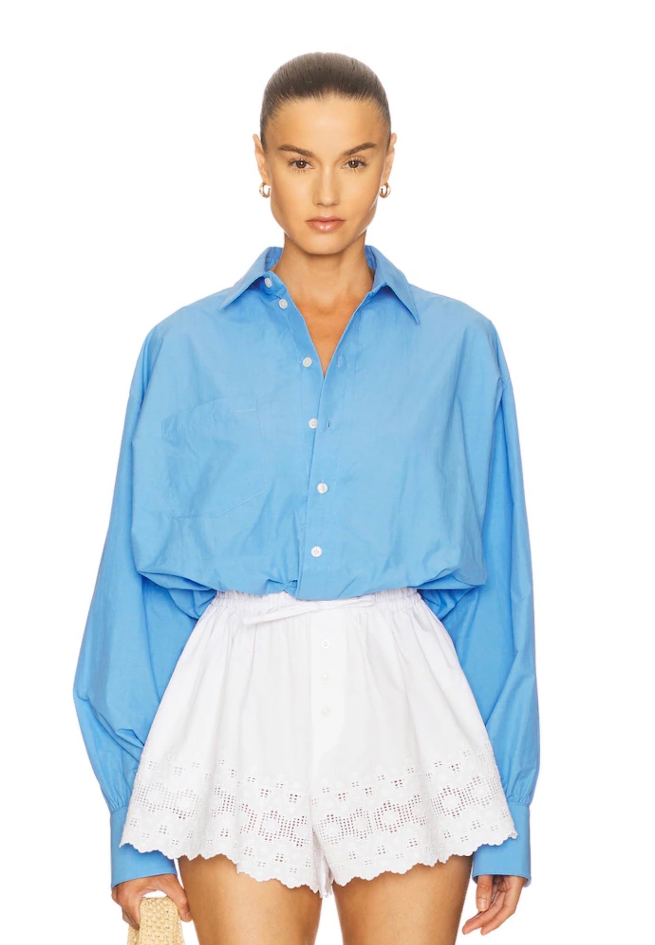HS The Summer White Overshirt Oversized Shirtdress Shirt | White Shorts w Vintage Swiss Embroidery | Cotton Set