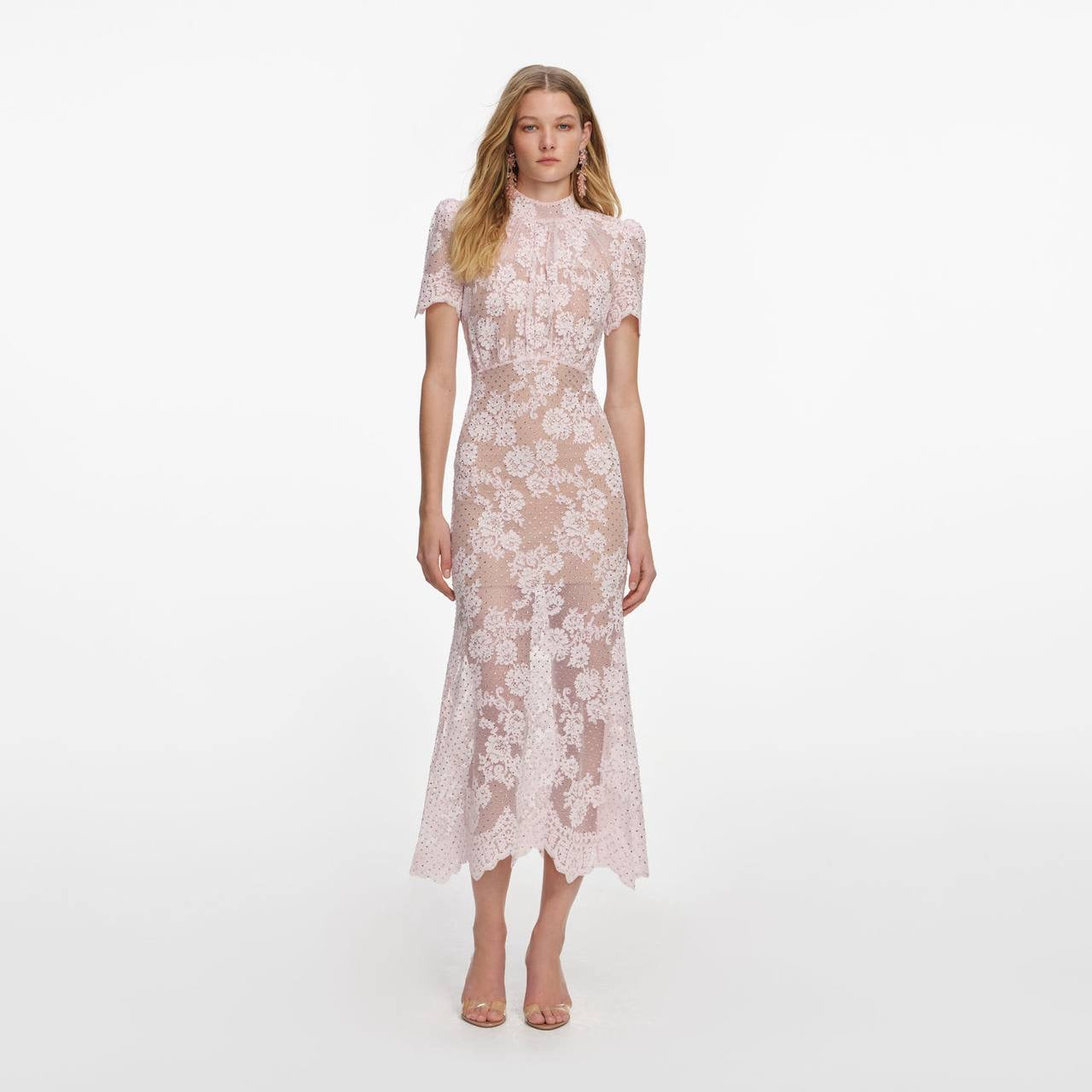 SP Pink Rhinestone Lace Short Sleeve Midi Dress
