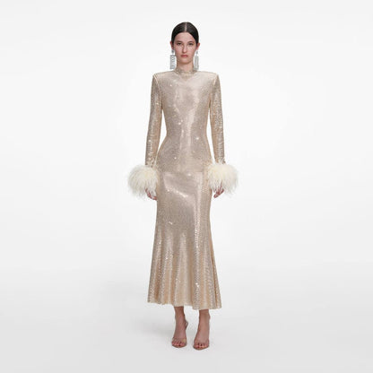 SP Champagne Rhinestone Feather Midi Dress