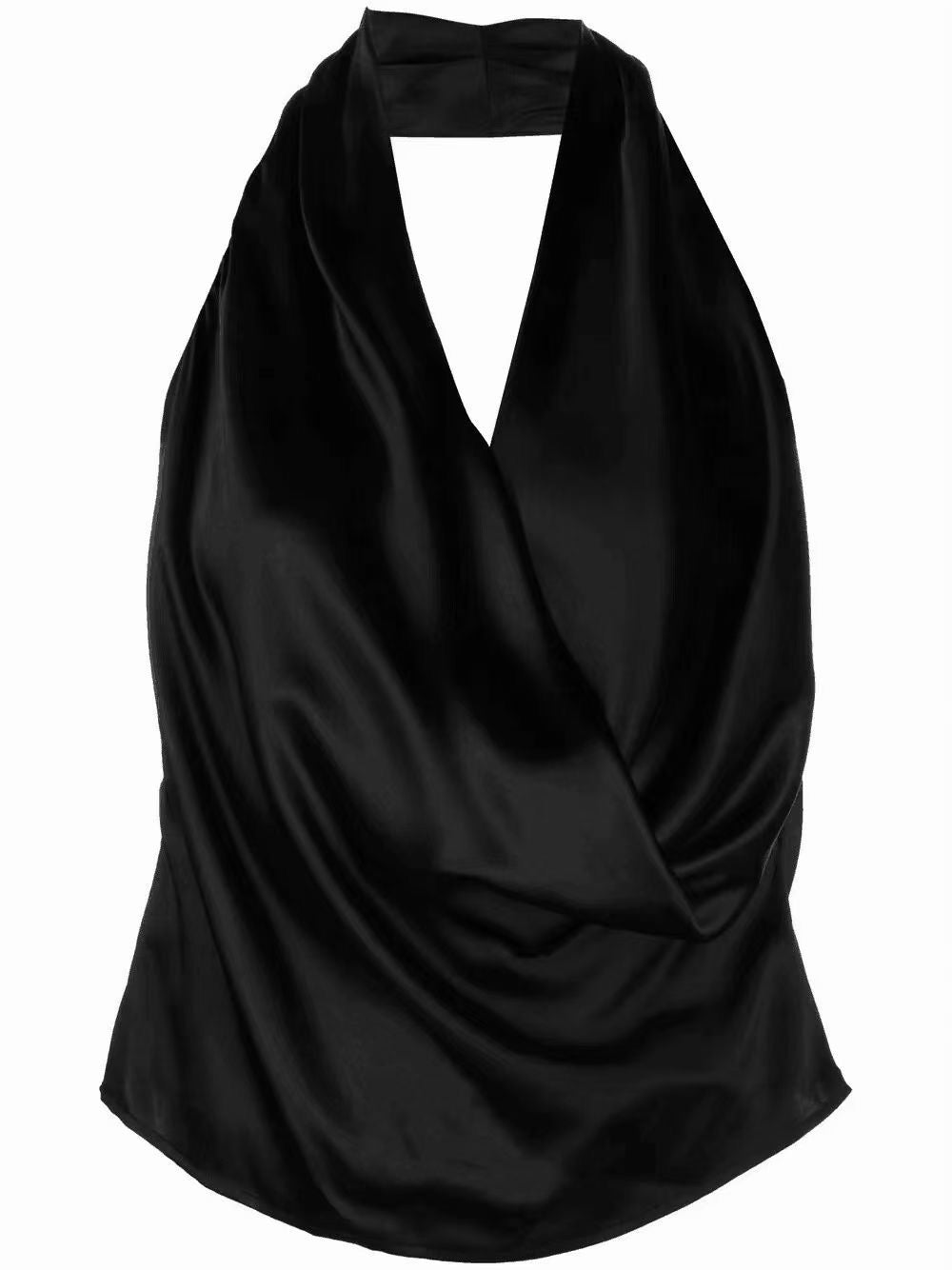 Emmy Silk Top Black Wrap-Front Cowl Halter