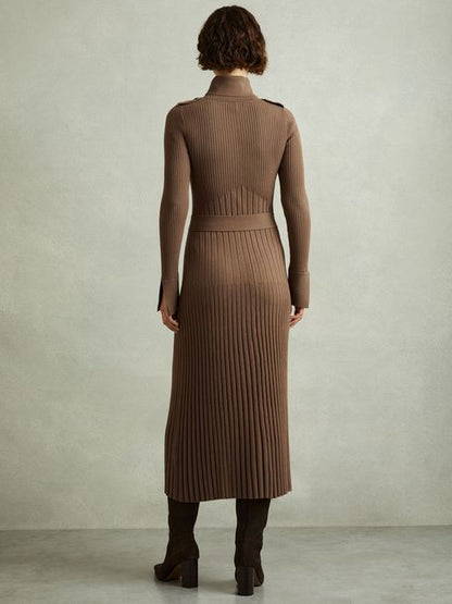 RS Vinette Ribbed Funnel Neck Belted Midi Dress