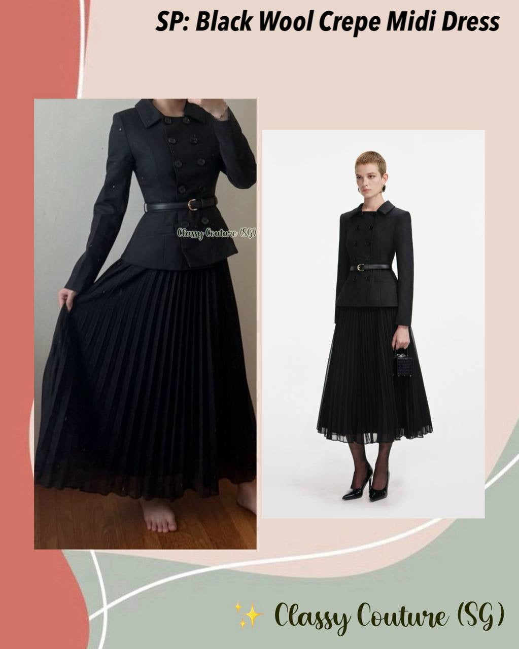 SP Black Wool Crepe Long Sleeve Chiffon Belted Midi Dress