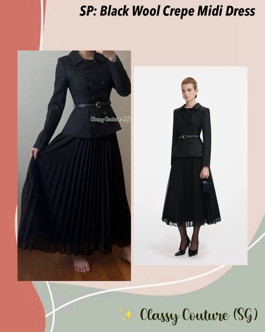 SP Black Wool Crepe Long Sleeve Chiffon Belted Midi Dress