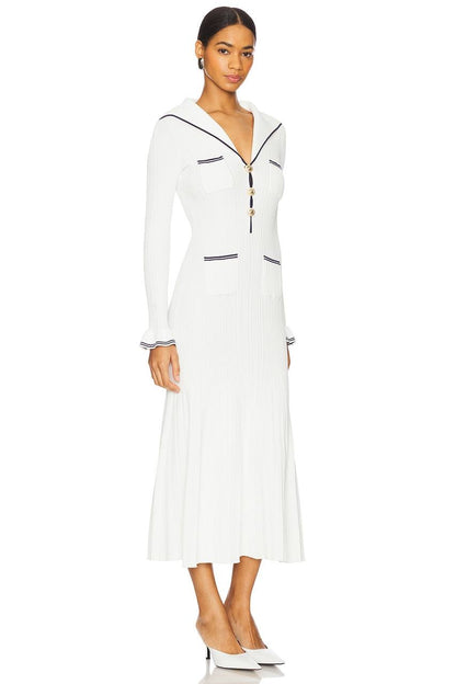SP White Viscose Rib Knit Collar Long Sleeve Midi Dress