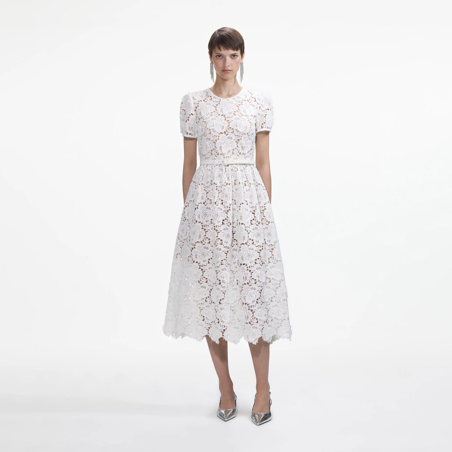 SP White Floral Belted Midi Dress