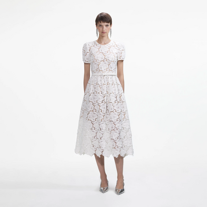 SP White Floral Belted Midi Dress