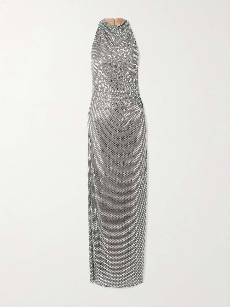 SP Grey Cowl Neck Rhinestone Draped Maxi Dress