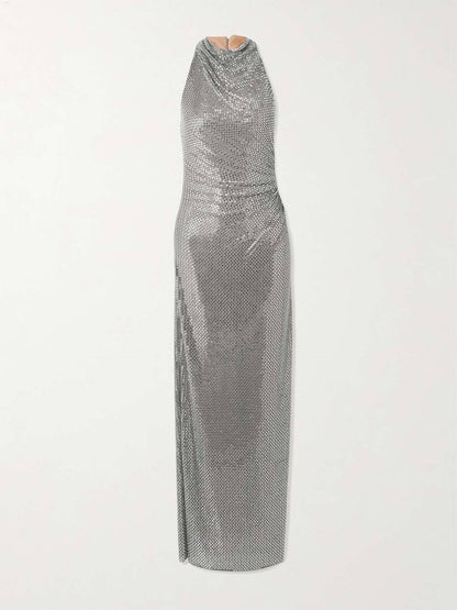 SP Grey Cowl Neck Rhinestone Draped Maxi Dress