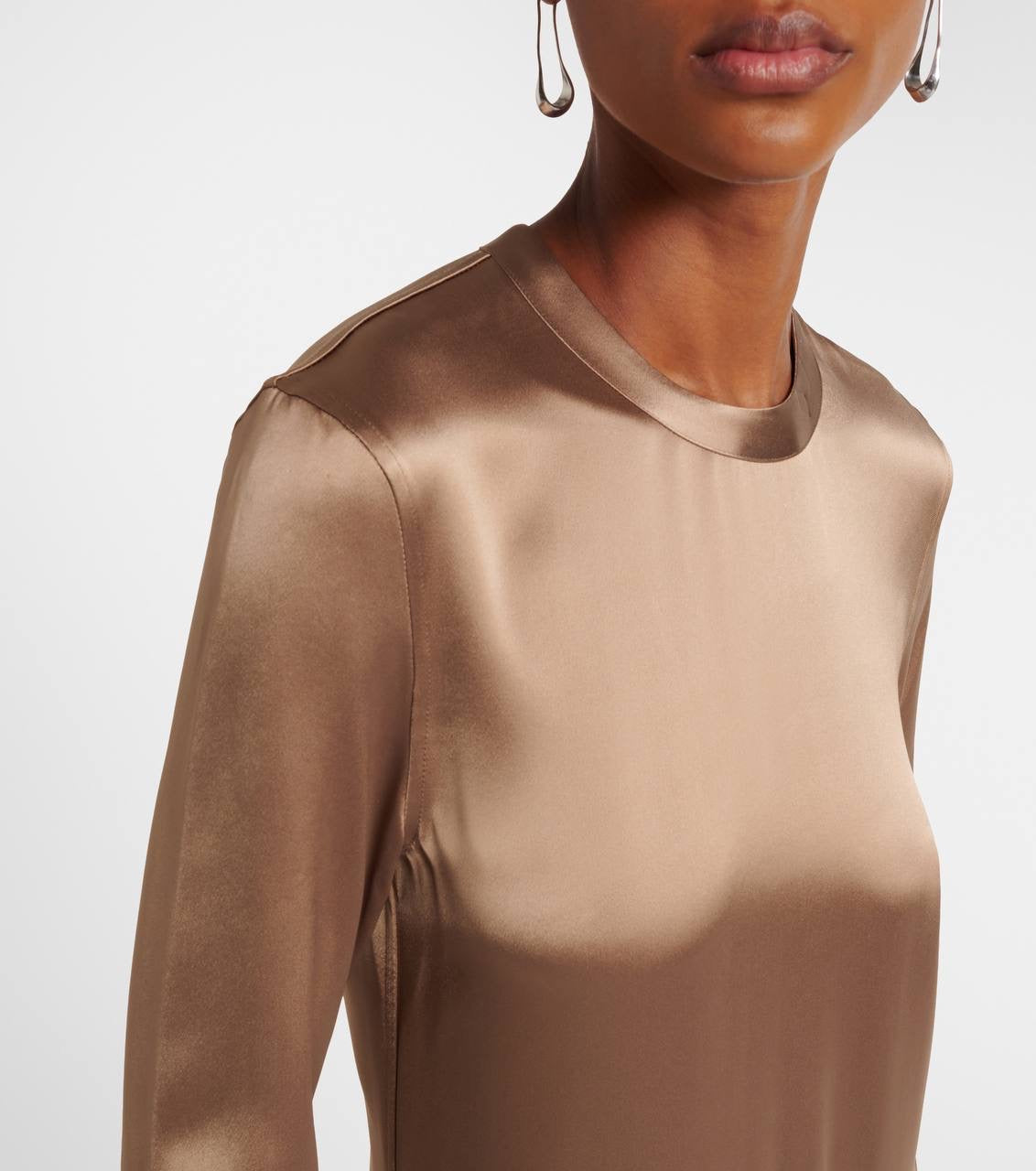 TOT Viscose Satin High-Neck Long Sleeve Midi Maxi Dress