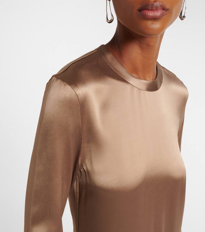 TOT Viscose Satin High-Neck Long Sleeve Midi Maxi Dress
