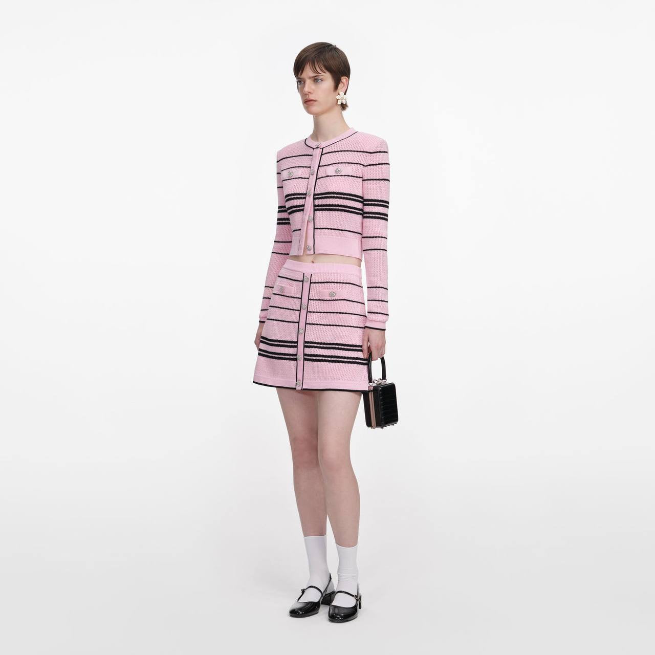 SP Pink Stripe Knit Cardigan | Mini Skirt| Jisoo Set