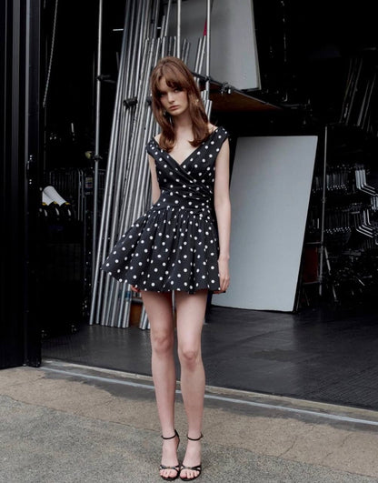 SP Black Polka Dot V-Neck Off Shoulder Cotton-Blend Mini Dress