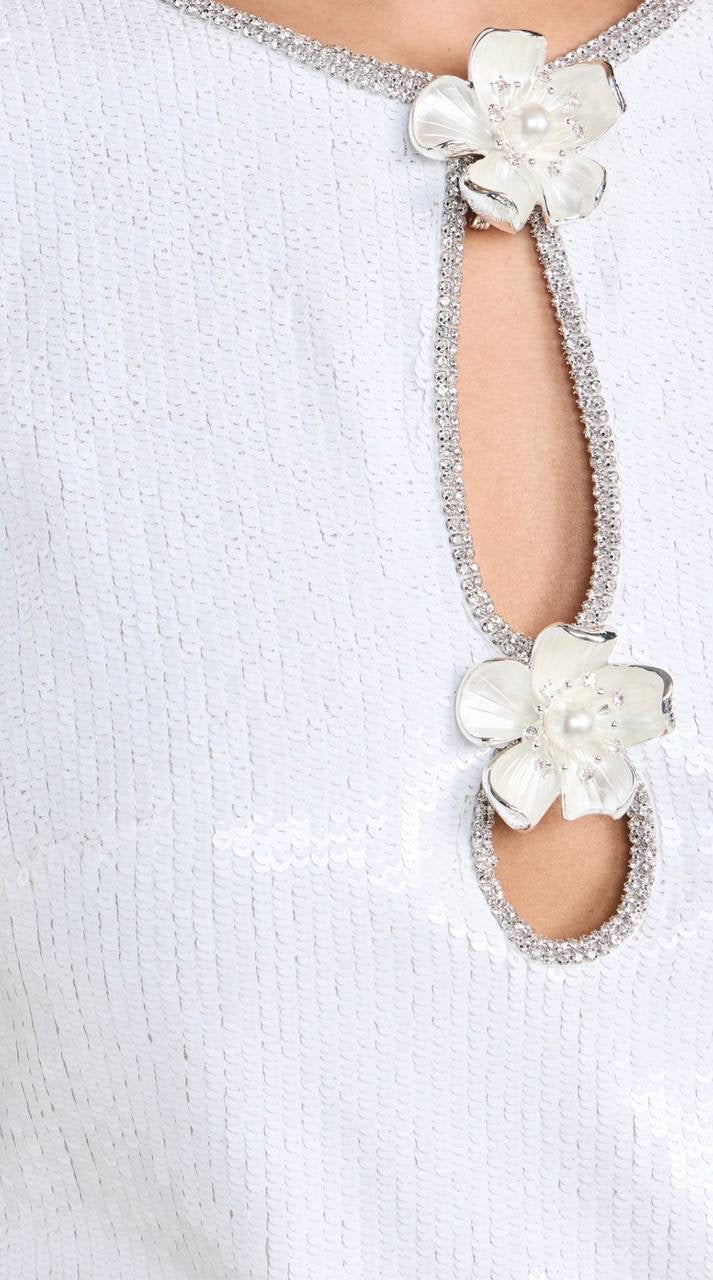 SALE! SP Jisoo White Sequin Embellished Floral Broach Keyhole Mini Dress