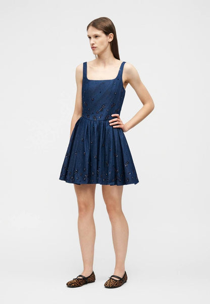 MJ Robradito Flared Embroidered Denim Mini Dress