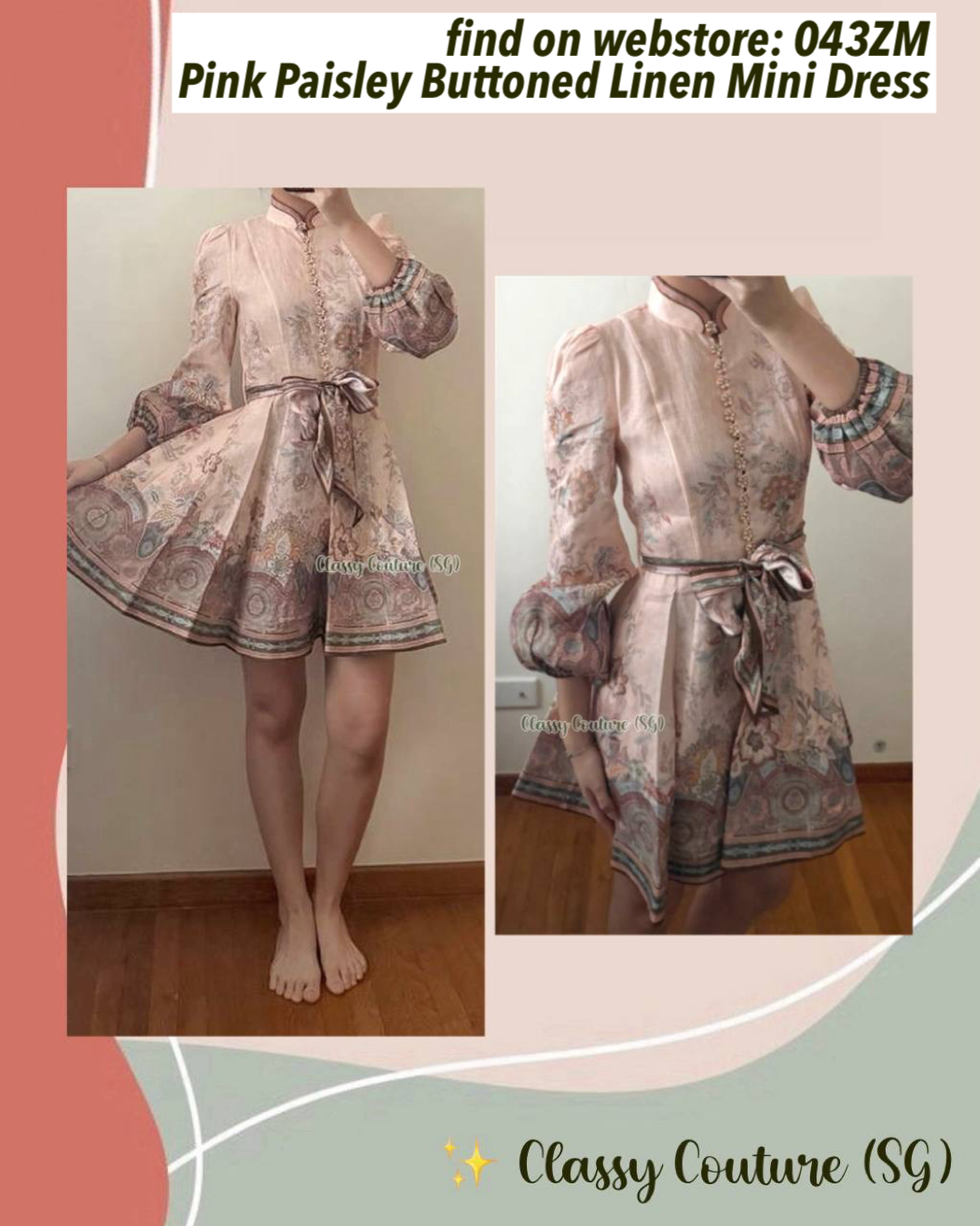 043ZM Pink Paisley Buttoned Linen Mini Dress