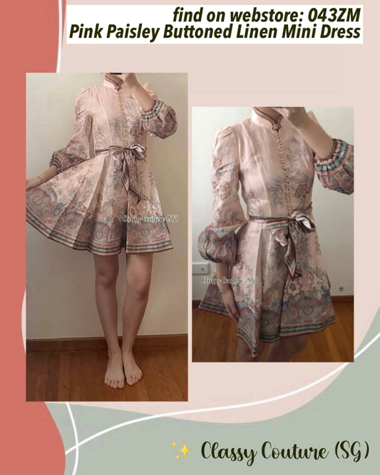 043ZM Pink Paisley Buttoned Linen Mini Dress