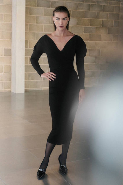 TF Bouverie Puff Sleeve Sweetheart Viscose-blend Sculpt Knit Midi Dress