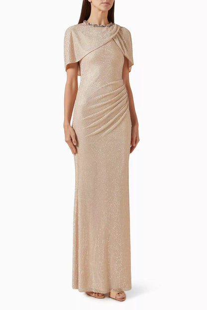 SP Green & Champagne Rhinestone-embellished Draped Sleeve Maxi Dress