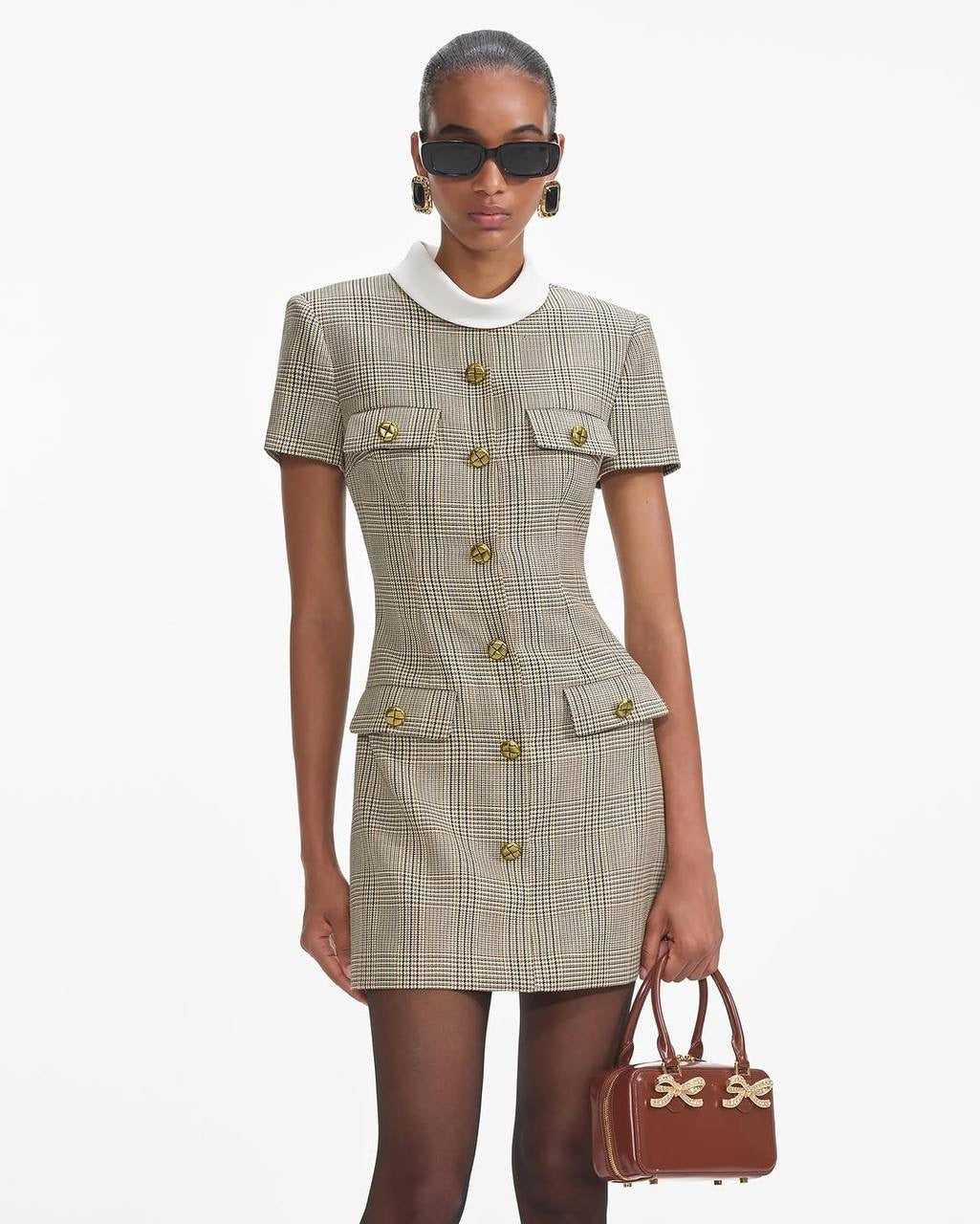 SP Check Wool Short-sleeved Mock neck Mini Dress